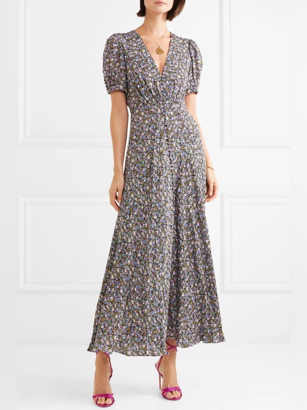 Saloni Floral V-Neck Maxi Dress